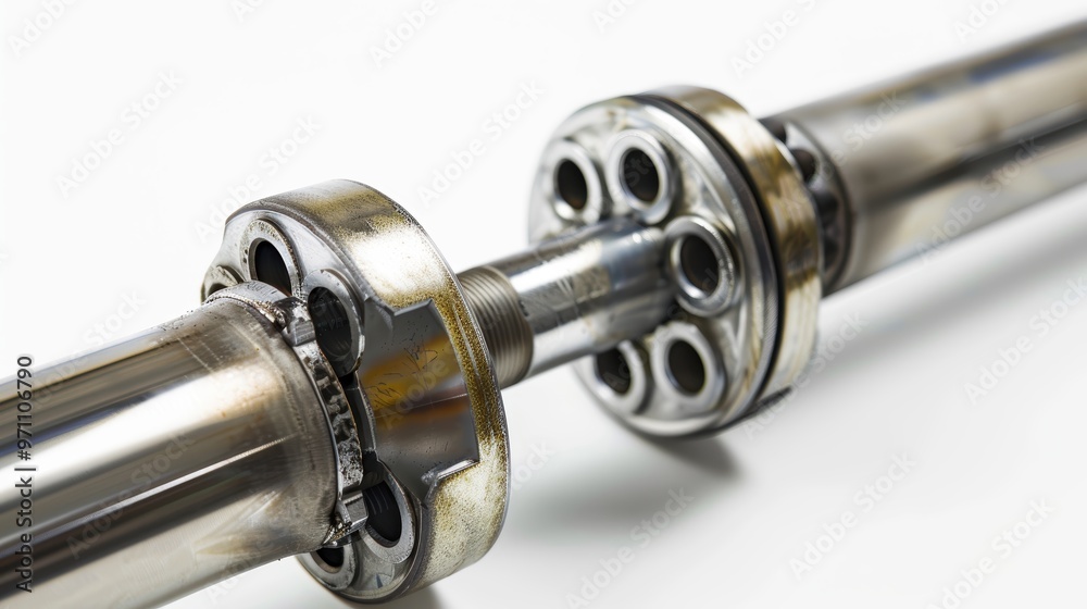 Close up view of shiny metal drive shaft lying horizontally Close up view of shiny metal drive shaft lying horizontally