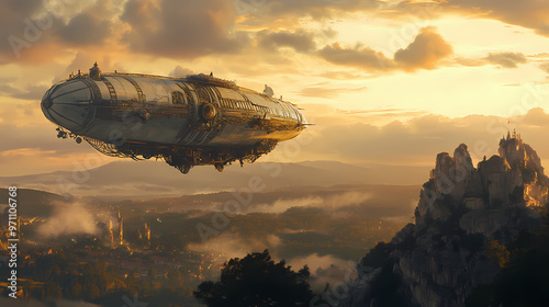 Ornate steampunk airship soaring over rugged mountainous landscape at dramatic golden hour vista. Victorian Era. Illustration photo