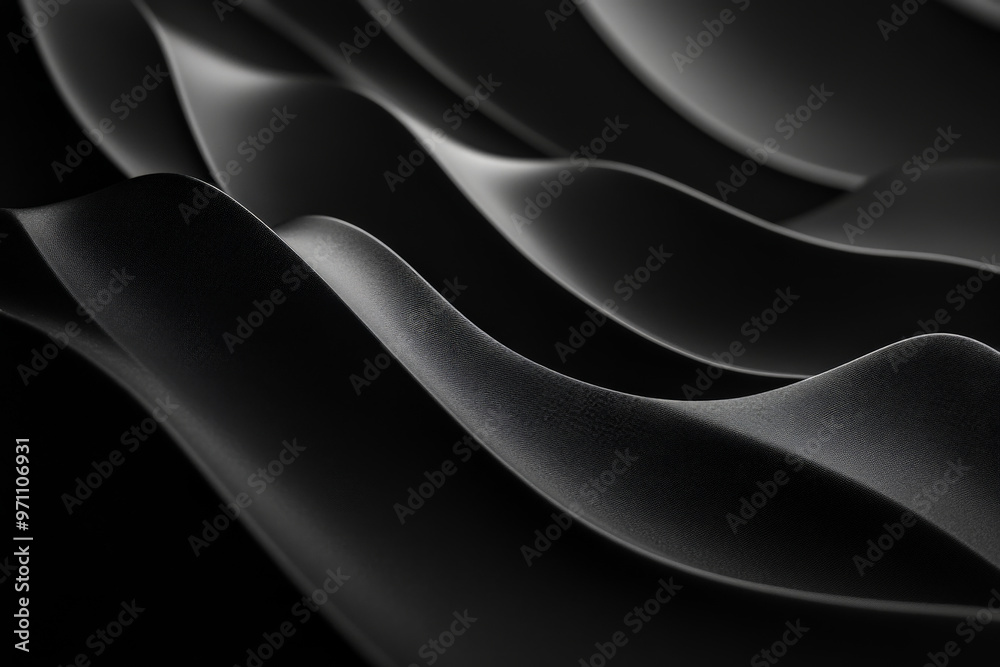 Obraz premium A matte black background with smooth, curved lines casting soft shadows. The lines form an abstract wave pattern, gently undulating across the surface, creating a serene and harmonious design with a