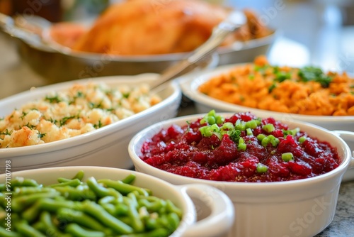 Close-up of food bowls and turkey on a table.