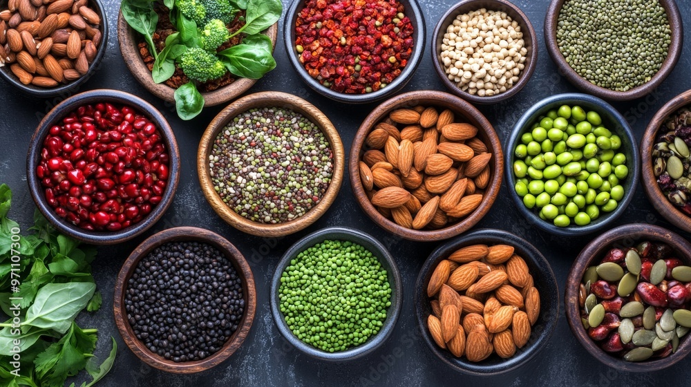 A Variety of Colorful and Nutrient-Rich Plant-Based Foods Arranged in Bowls on a Dark Background, Highlighting the Diversity and Abundance of a Balanced Diet A Variety of Colorful and Nutrient-Rich Plant-Based Foods Arranged in Bowls on a Dark Background, Highlighting the Diversity and Abundance of a Balanced Diet