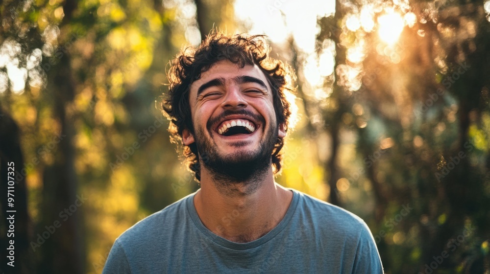A candid portrait of a man laughing, captured mid-movement while outdoors in casual clothes A candid portrait of a man laughing, captured mid-movement while outdoors in casual clothes