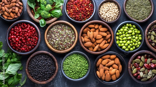 A Variety of Colorful and Nutrient-Rich Plant-Based Foods Arranged in Bowls on a Dark Background, Highlighting the Diversity and Abundance of a Balanced Diet