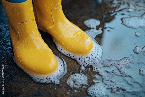 Close-up view of bright yellow boots standing in a soapy puddle outdoors, highlighting the wet and bubbly texture of the ground with reflective surfaces and playful vibes. photo