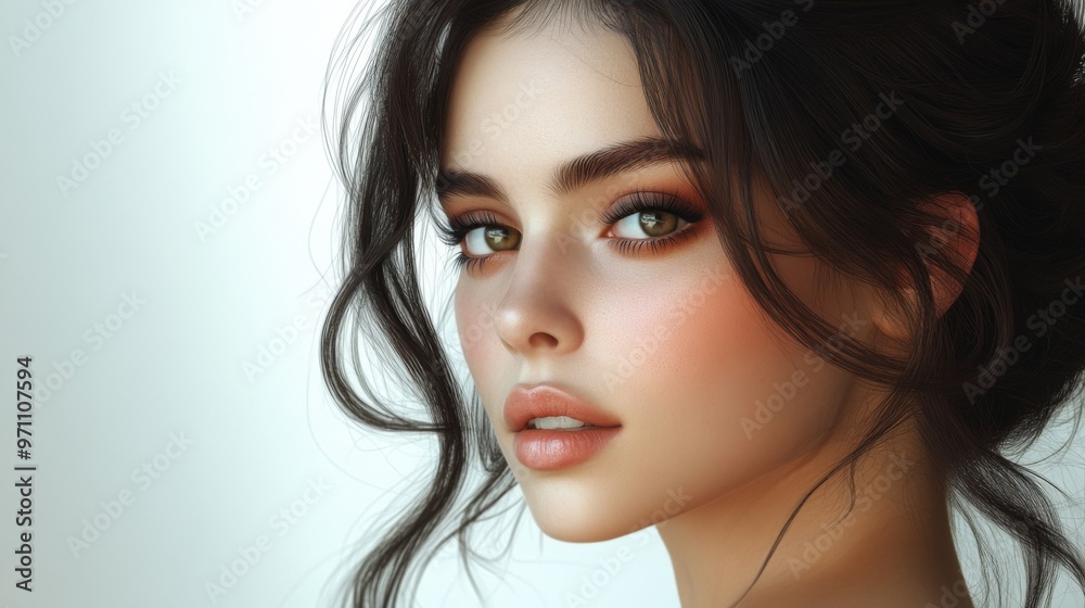 Portrait of a woman with an elegant hairstyle and makeup, showcasing her flawless complexion and well-defined facial features in a detailed close-up. Portrait of a woman with an elegant hairstyle and makeup, showcasing her flawless complexion and well-defined facial features in a detailed close-up.