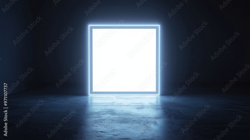 A dark room with a neon light shining on a white square. The room is empty and the light is the only source of illumination A dark room with a neon light shining on a white square. The room is empty and the light is the only source of illumination