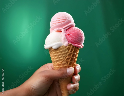 Hand holding an ice cream cone with pink and white scoops on a green background.