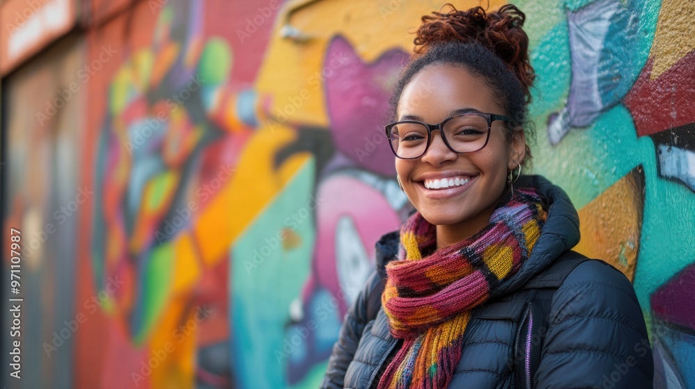 A candid portrait of a person smiling brightly, standing in front of a colorful mural in an urban setting A candid portrait of a person smiling brightly, standing in front of a colorful mural in an urban setting