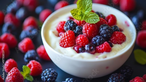 Bowl of Creamy Plant-Based Yogurt Topped with Fresh Raspberries, Blackberries, and Mint, Surrounded by Additional Berries on a Dark Background