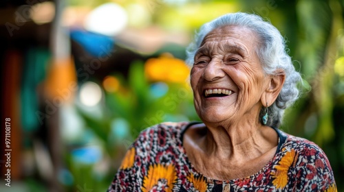 A candid portrait of an elderly woman with deep wrinkles, captured laughing with joy in an outdoor setting