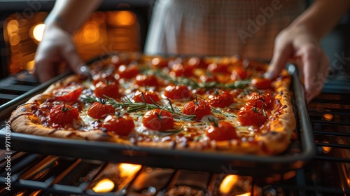 A chef expertly places a pizza topped with fresh tomatoes and sprigs of rosemary into an oven. The pizza includes melted cheese and seasoning, ready to be baked. photo