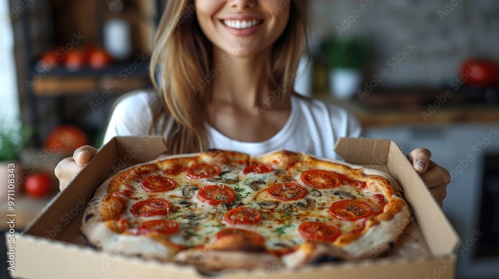 A woman is holding a pizza box containing a freshly baked pizza topped with tomatoes and herbs. Her smiling expression adds a warm and inviting feel to the image. A woman is holding a pizza box containing a freshly baked pizza topped with tomatoes and herbs. Her smiling expression adds a warm and inviting feel to the image.