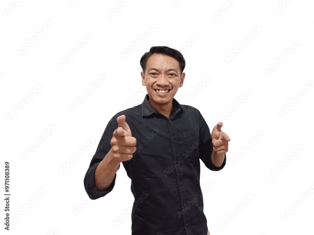 Shocked young Asian man in casual shirt pointing finger aside at copy space isolated on white background. Great offer concept Shocked young Asian man in casual shirt pointing finger aside at copy space isolated on white background. Great offer concept