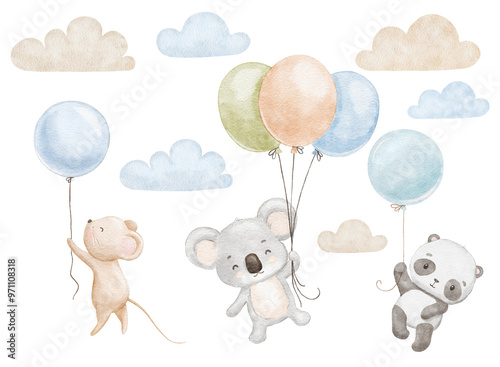 Cute baby panda, koala and mouse are flying with balloons. Watercolor animals in clouds. Hand drawn illustrations set