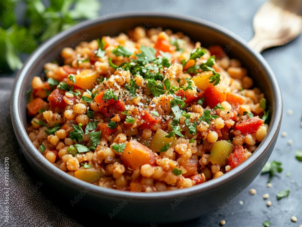 Close-up of a Bowl of Hearty and Satisfying Plant-Based Dinner with Grains and Vegetables, garnished with Fresh Parsley