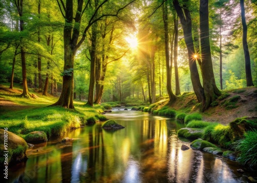 Serene forest scenery with sun-dappled trees, gentle stream, and vibrant greenery, evoking a sense of tranquility and peacefulness in a natural wilderness setting.