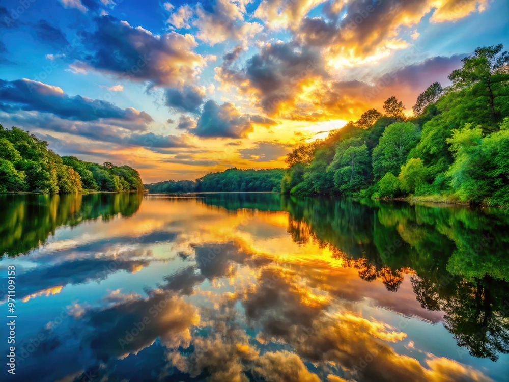 Serene high-definition wallpaper featuring a majestic sunset over a tranquil lake, surrounded by lush green trees and reflected in the calm water's glassy surface. Serene high-definition wallpaper featuring a majestic sunset over a tranquil lake, surrounded by lush green trees and reflected in the calm water's glassy surface.