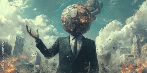 A surreal representation of a businessman with a globe for a head amidst a burning city under a dramatic sky. Generative AI photo