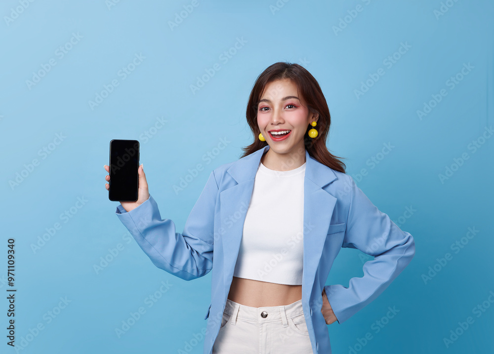 Happy young beautiful Asian business woman showing smartphone with blank screen mockup isolated on blue background.