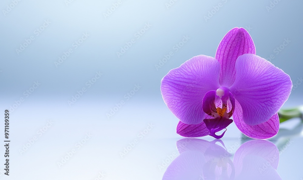 Fototapeta premium A beautiful purple orchid flower on a serene blue background, perfect for nature and floral themed projects.