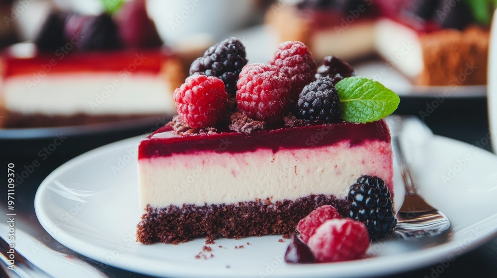 Closeup of a Plant-Based Cheesecake Slice Topped with Raspberries and Blackberries on a White Plate Closeup of a Plant-Based Cheesecake Slice Topped with Raspberries and Blackberries on a White Plate