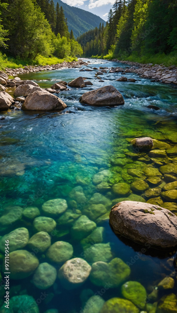 Crystal-clear river flowing through a lush, green valley Crystal-clear river flowing through a lush, green valley