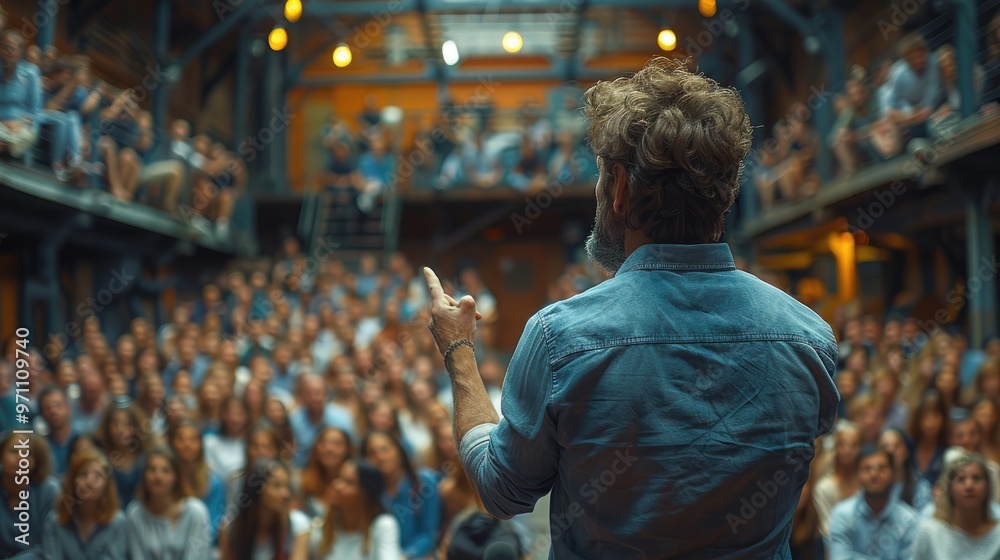 A speaker addresses a captivated audience in an industrial-style theater, emphasizing communication, collective engagement, and the power of public speaking in a dynamic environment. A speaker addresses a captivated audience in an industrial-style theater, emphasizing communication, collective engagement, and the power of public speaking in a dynamic environment.
