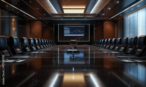 A large conference room with a large screen on the wall. The room is filled with black chairs and tables