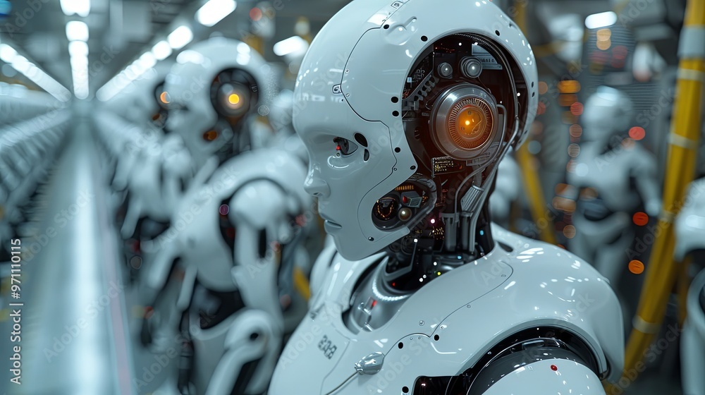 Robotic self-evolving AI supercomputer assembly line  close up of a drive 