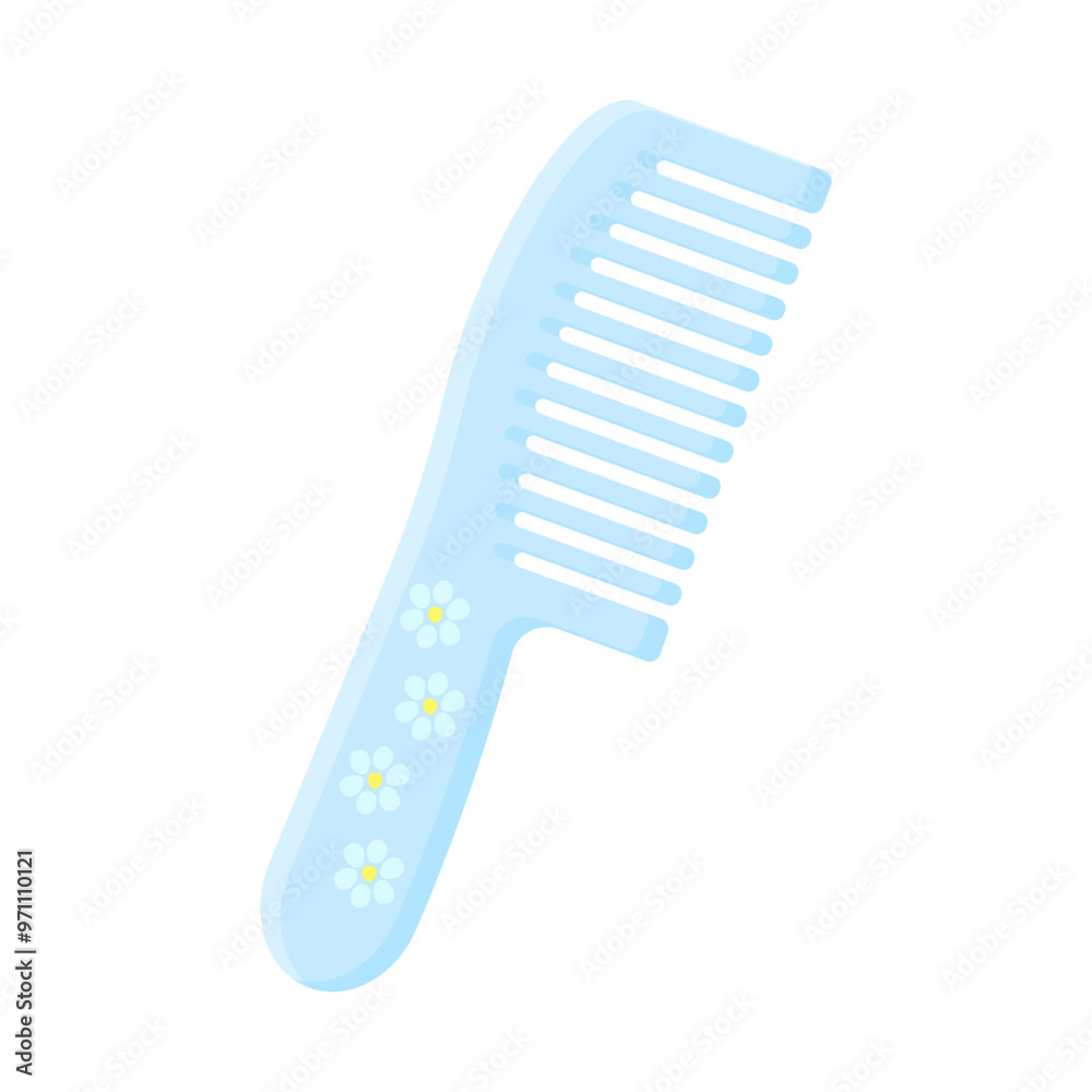 Blue hair comb with a daisy pattern on the handle in a cartoon style on a white isolated background. Hair care. Plastic Comb. Hairdresser's tools Blue hair comb with a daisy pattern on the handle in a cartoon style on a white isolated background. Hair care. Plastic Comb. Hairdresser's tools