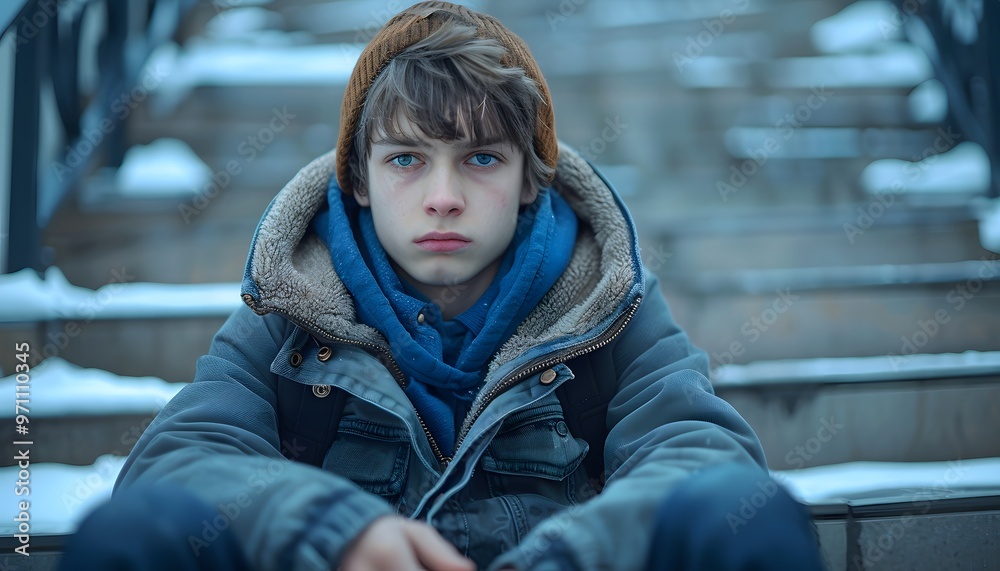 Depressed boy sitting alone at stairs, bullying victim. Depressed boy sitting alone at stairs, bullying victim.