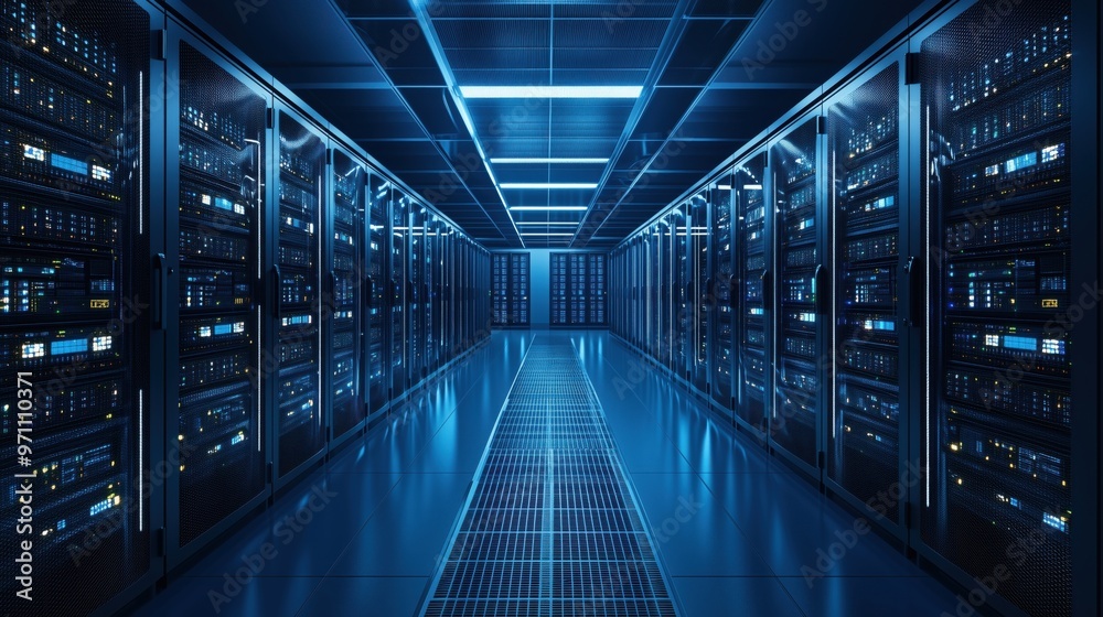 A large room with many computer servers. The room is very dark and the servers are blue. The servers are lined up in rows and are very close together A large room with many computer servers. The room is very dark and the servers are blue. The servers are lined up in rows and are very close together