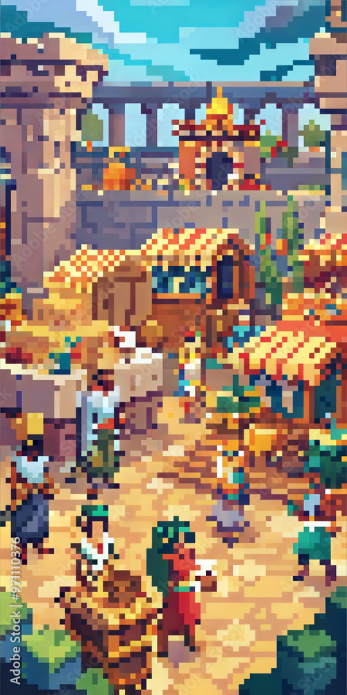 Obraz premium Vibrant Pixel Art Market Scene with Stalls and Medieval Architecture