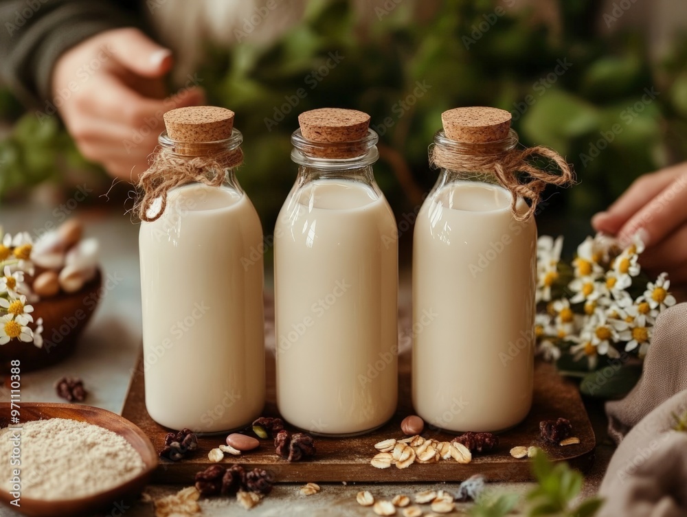 Close-up of three glass bottles filled with plant-based milk, showcasing a natural and healthy alternative to dairy milk. Close-up of three glass bottles filled with plant-based milk, showcasing a natural and healthy alternative to dairy milk.