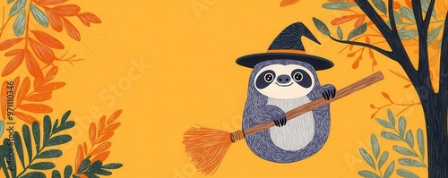 A whimsical sloth wearing a witch's hat, holding a broom amidst colorful autumn leaves on a vibrant yellow background.