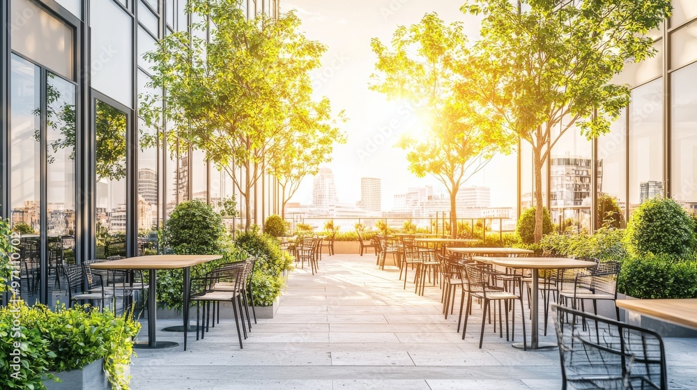 Obraz premium Outdoor plaza with outdoor tables and chairs, landscaping, and trees in a downtown office building