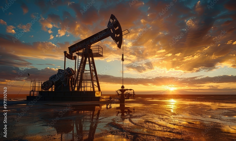 Silhouette of an oil pump jack operating in a reflective puddle against a fiery sunset sky. Silhouette of an oil pump jack operating in a reflective puddle against a fiery sunset sky.