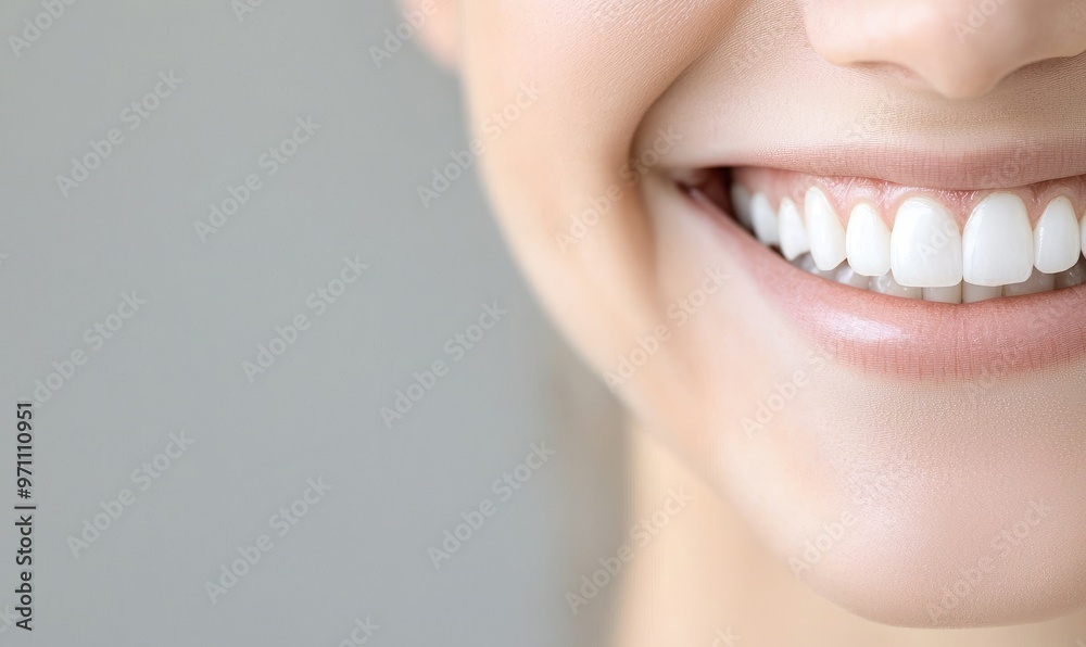 Obraz premium A close-up of a smiling mouth showcasing bright, white teeth and overall happiness. Perfect for dental and health themes.