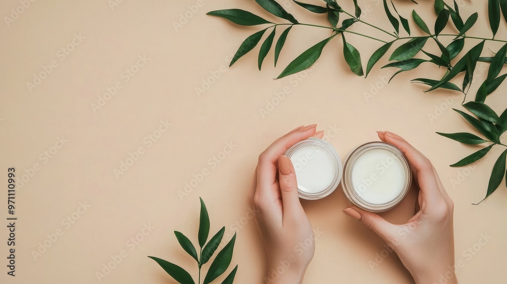 Φωτογραφία Skin care, organic natural beauty product concept with jar of organic hand cream and essential oil bottle on beige background