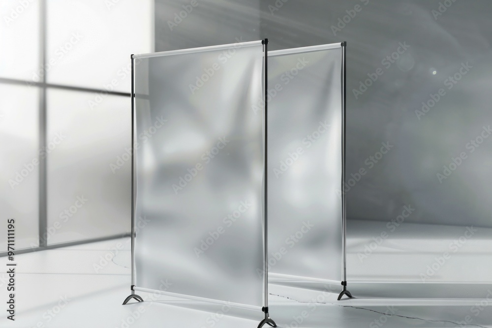 Two blank roll up banners are standing in a white room, creating a concept for product presentation Two blank roll up banners are standing in a white room, creating a concept for product presentation