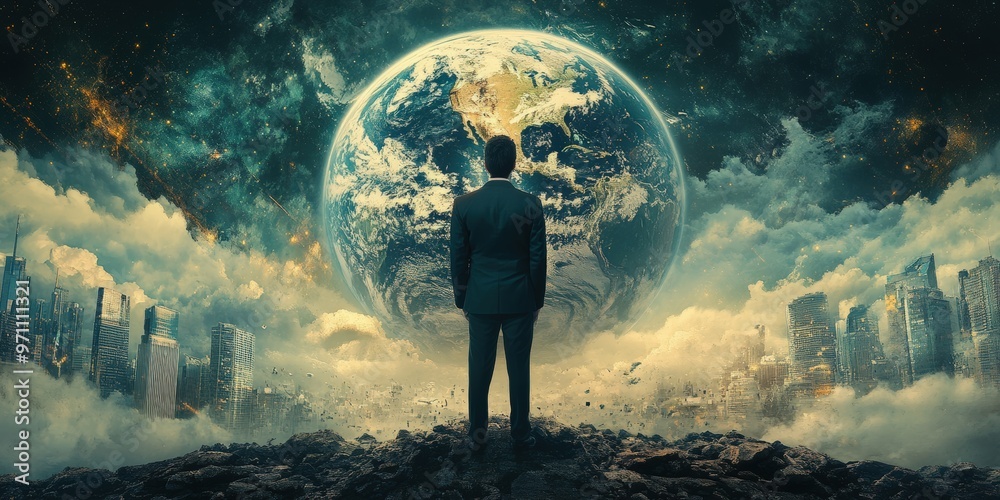 Fototapeta premium A person gazes at a massive Earth suspended in the sky amidst a dystopian cityscape filled with towering skyscrapers. Generative AI