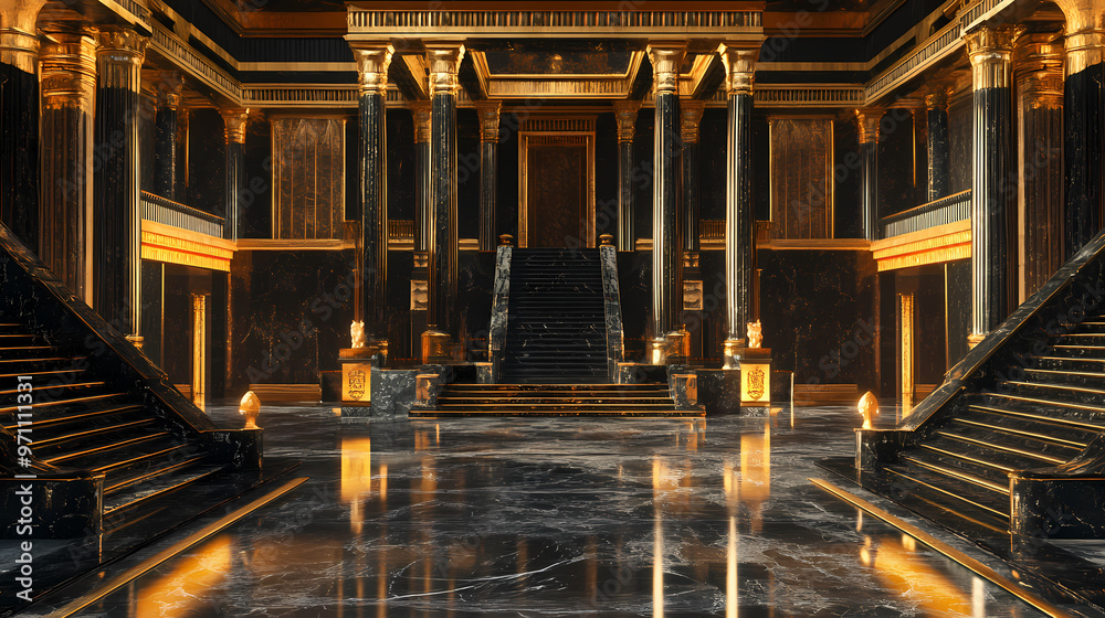 Obraz premium Interior of a royal palace castle of egyptian empire in ancient times background. interior of castle, beautiful royal palace black and gold marble, luxury. generative ai. Roman Empire. Illustration