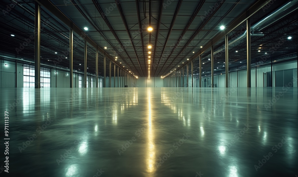 A large, empty warehouse with a long, narrow hallway. The floor is shiny and the lights are on A large, empty warehouse with a long, narrow hallway. The floor is shiny and the lights are on