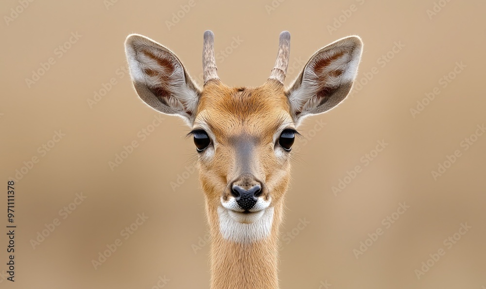 A close-up portrait of a young deer showcasing its unique features and tranquil expression against a soft background. A close-up portrait of a young deer showcasing its unique features and tranquil expression against a soft background.