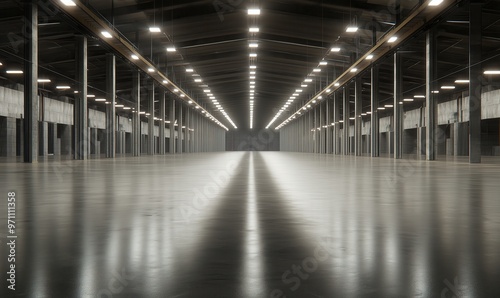 A large, empty warehouse with a long, straight hallway. The space is illuminated by bright lights, creating a stark and industrial atmosphere