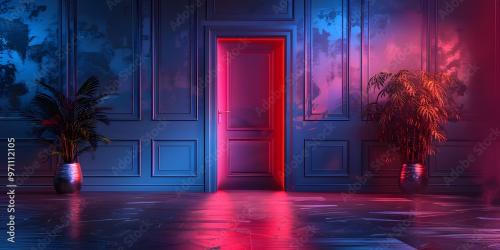 Mysterious red and blue lit room with open door. Mysterious red and blue lit room with open door.