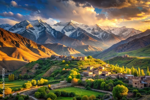 Serene landscape of rugged Persian mountains at sunset, with snow-capped peaks, lush green valleys, and ancient villages nestled in the misty, golden-hued terrain. photo