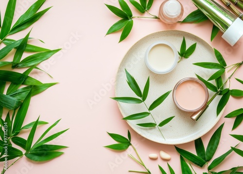 In this design, you'll see various natural cosmetic products with bamboo branches and aloe vera leaves. You'll also see eco-friendly body care accessories and accessories for spas on pastel pink