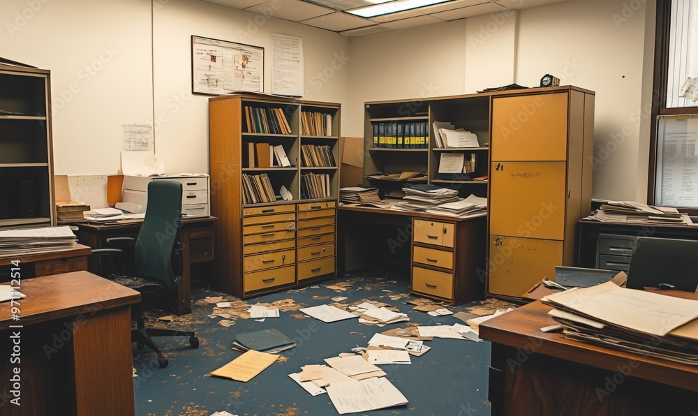 A messy office with a desk and a chair. The desk is covered in papers and the chair is empty A messy office with a desk and a chair. The desk is covered in papers and the chair is empty
