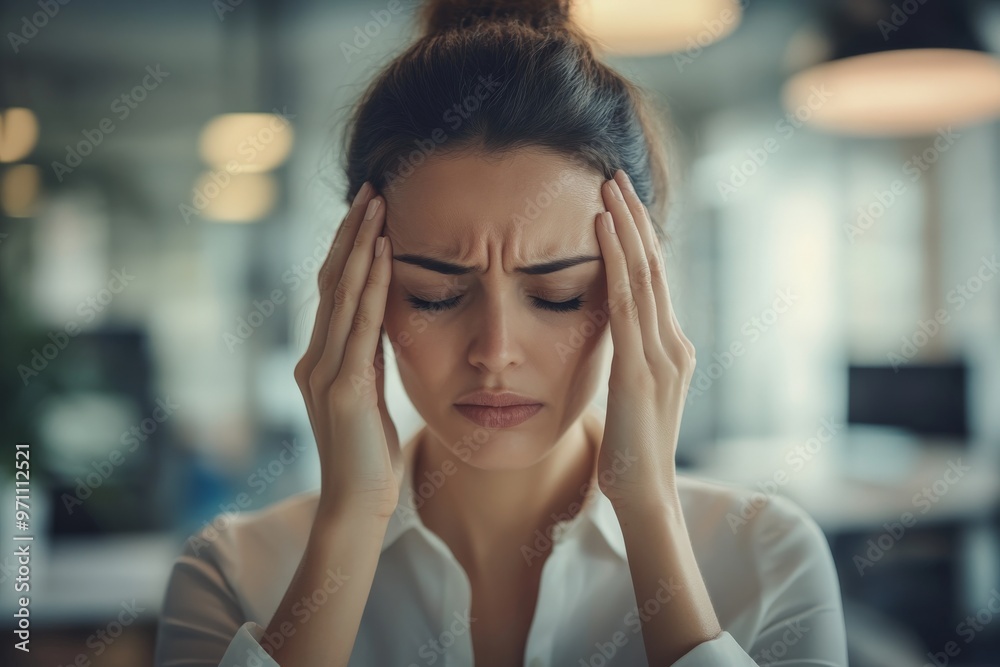 Woman holding her head in a room Woman holding her head in a room